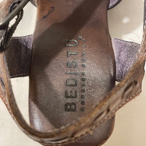 Bedstu Womens Size 7 Leather Strappy Wooden Wedge Sandals Brown - Picture 6 of 13